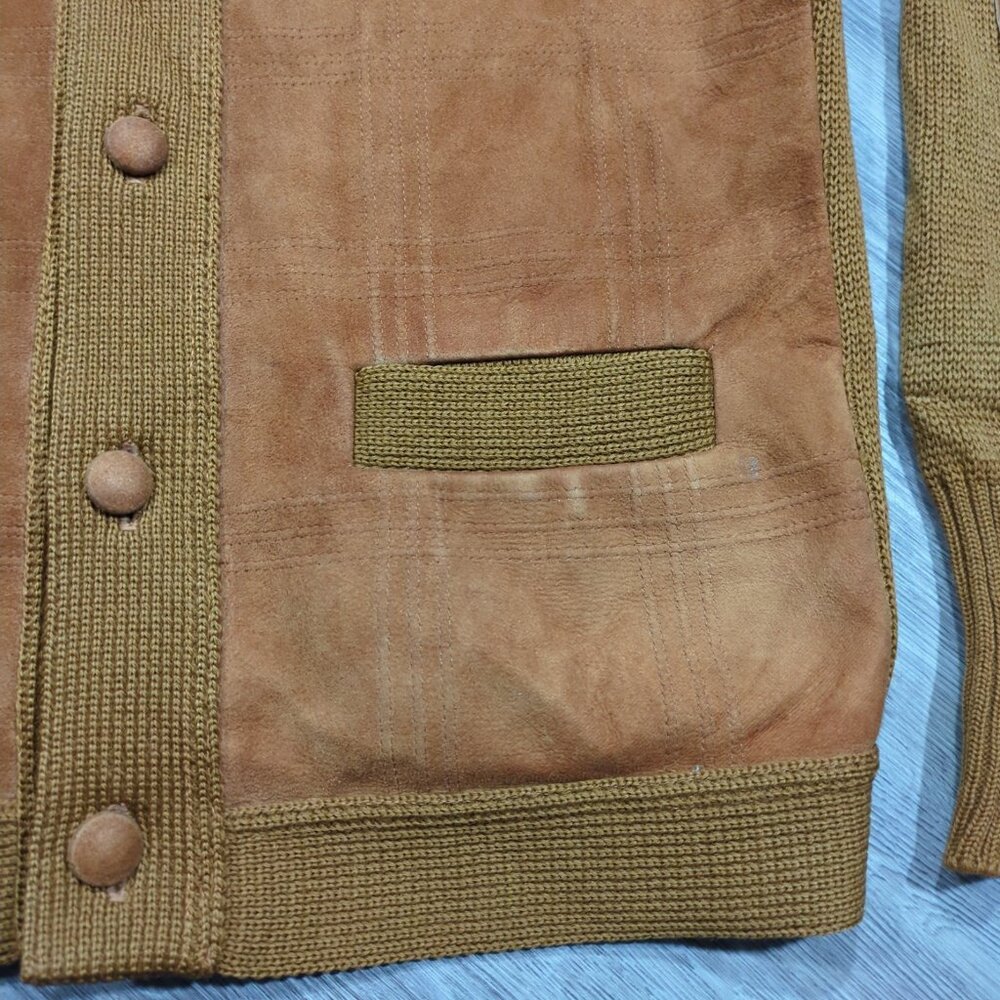 Vintage Tundra Cardigan Sweater Men's Medium Brown Knit Suede Elbow Patches 80s - Picture 8 of 16